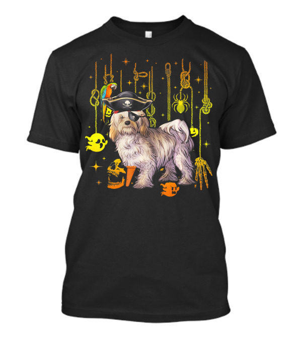 Havanese Pirate Halloween Dog With Parrot And Skulls T-Shirt