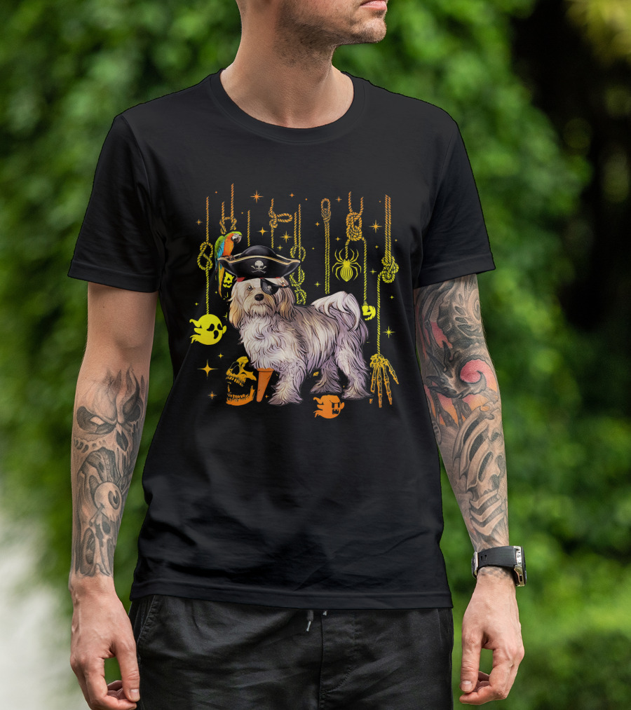 Havanese Pirate Halloween Dog With Parrot And Skulls T-Shirt