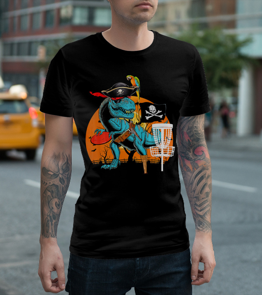 Jolly Roger Pirate Dinosaur Disc Golf Adventure T-Shirt