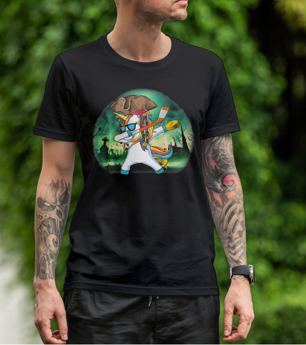 Dabbing Pirate Unicorn With Hockey Stick In Spooky Graveyard Scene T-Shirt