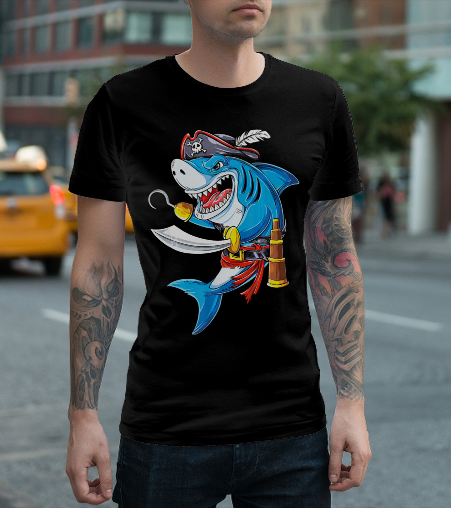 Shark Pirate Costume Jolly Roger Flag with Hook and Sword T-Shirt