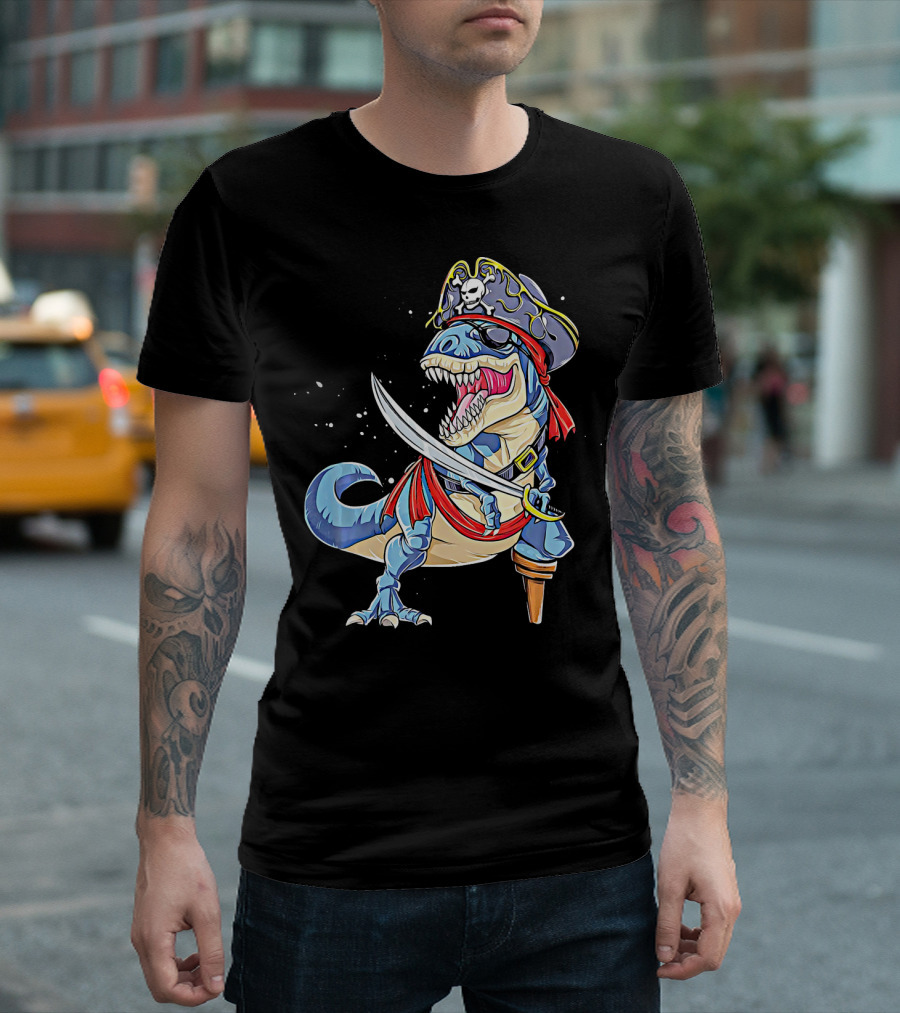 Pirate Dinosaur With Sword And Skull Hat T-Shirt