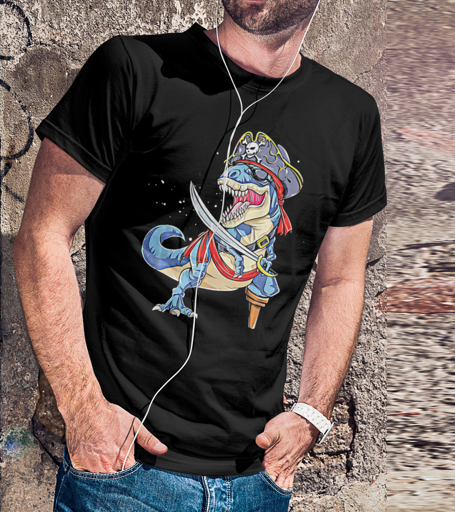 Pirate Dinosaur With Sword And Skull Hat T-Shirt