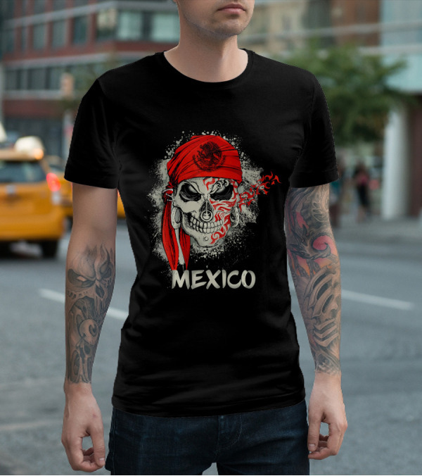 MEXICO SKULL WITH RED BANDANA AND SERPENT EMBLEM T-Shirt