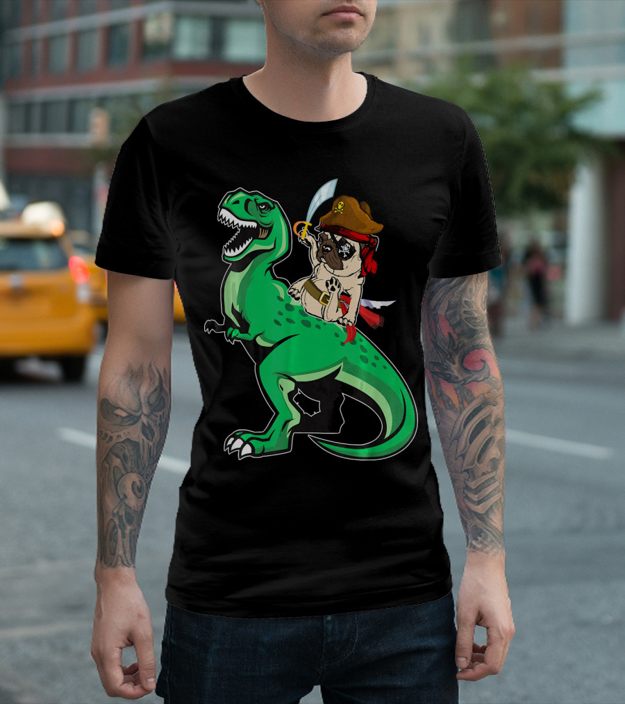 Pirate Pug Riding Rex Dinosaur with Sword and Hat T-Shirt