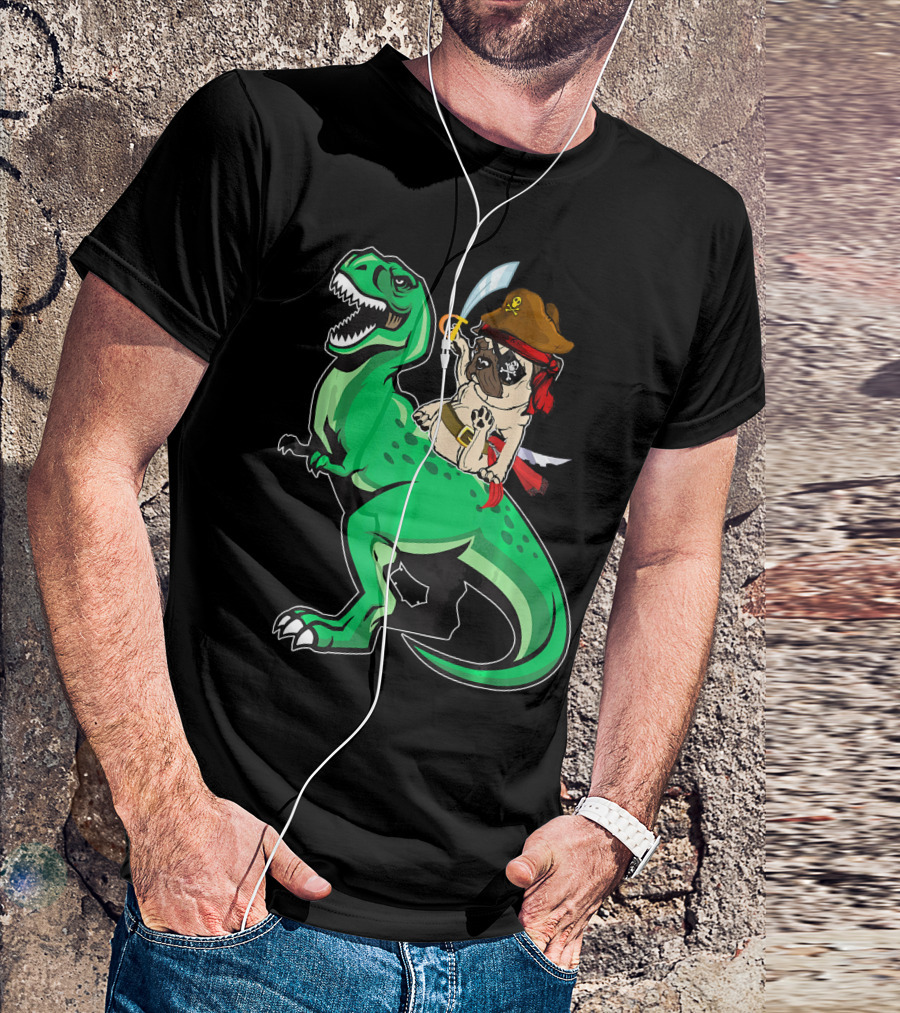 Pirate Pug Riding Rex Dinosaur With Sword And Hat T-Shirt