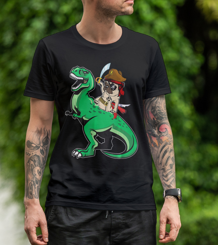 Pirate Pug Riding Rex Dinosaur With Sword And Hat T-Shirt