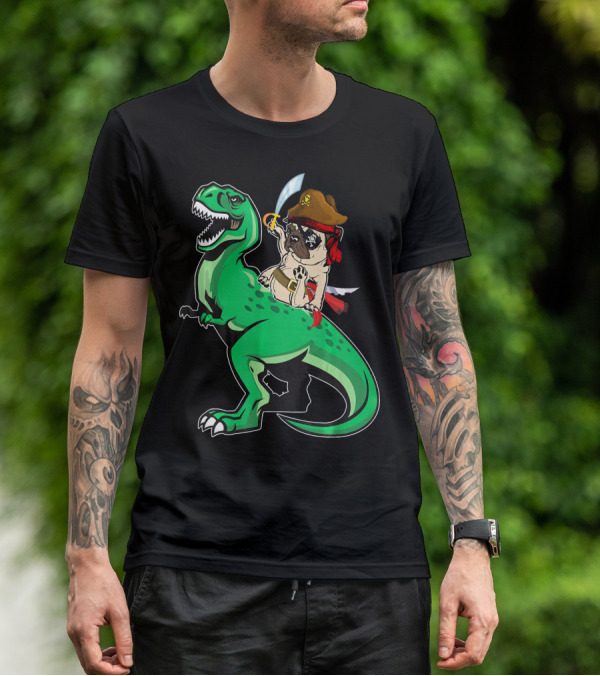 Pirate Pug Riding Rex Dinosaur With Sword And Hat T-Shirt
