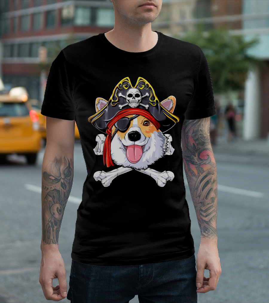 Corgi Pirate Skull And Crossbones Jolly Roger Flag T-Shirt