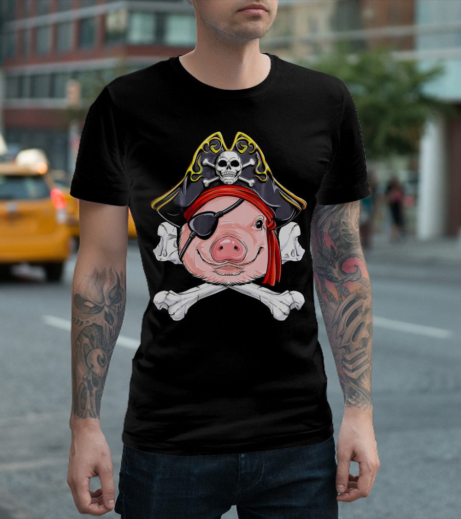 Pig Pirate Jolly Roger Flag Skull Eyepatch Crossbones Hat T-Shirt