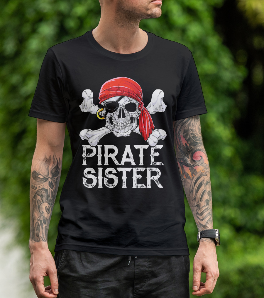 Pirate Sister Skull With Red Bandana And Crossbones T-Shirt