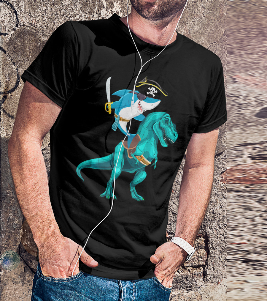 Shark Pirate On T-Rex For Kids Boys Sons T-Shirt