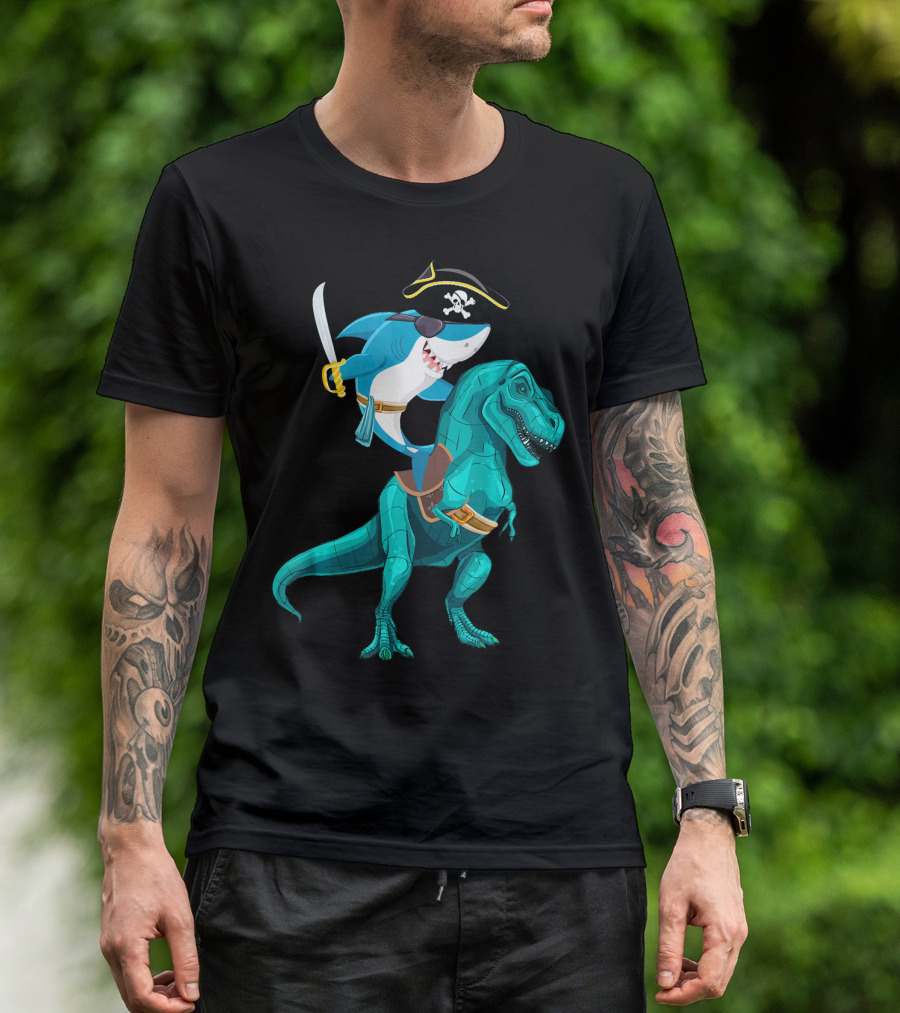 Shark Pirate On T-Rex For Kids Boys Sons T-Shirt