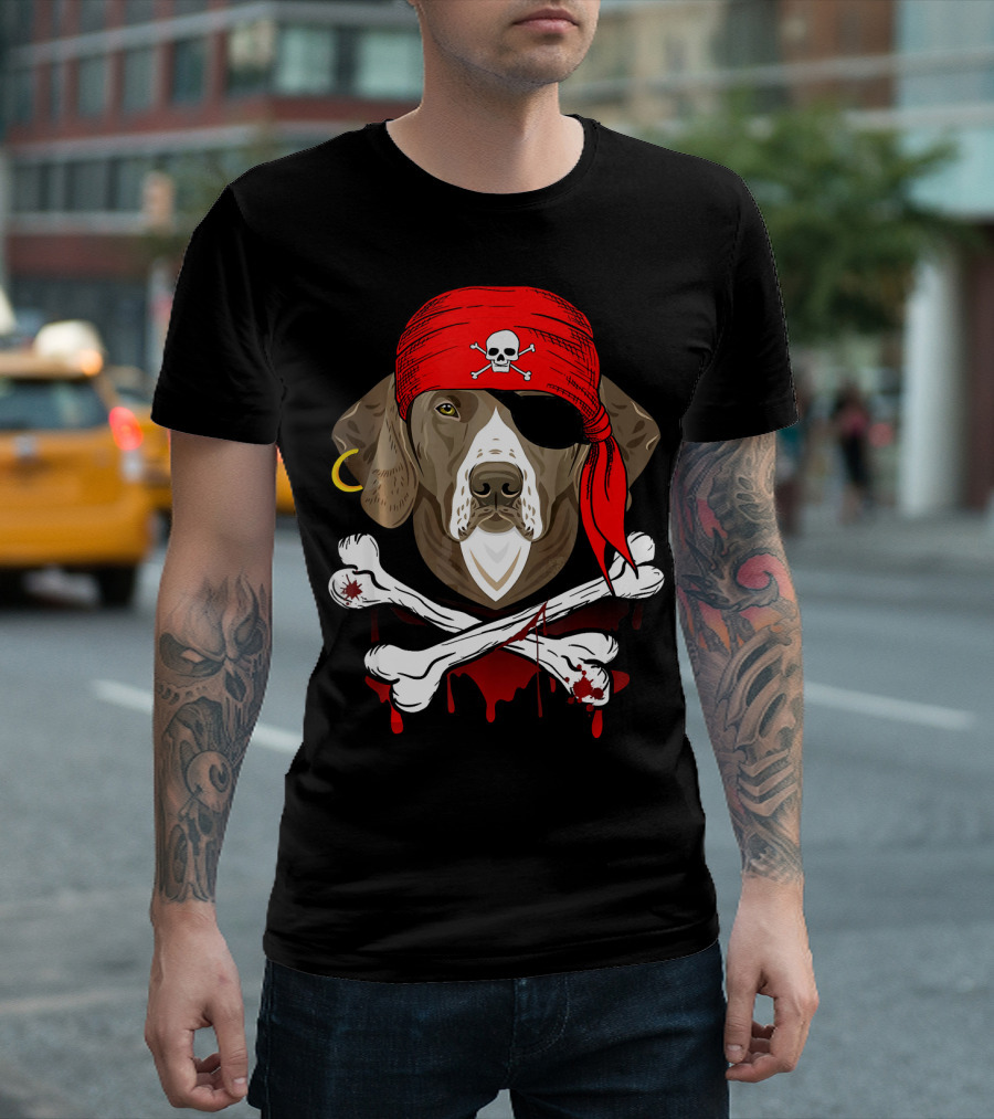 Weimaraner Dog Dad in Pirate Costume with Skull and Crossbones Bandana T-Shirt