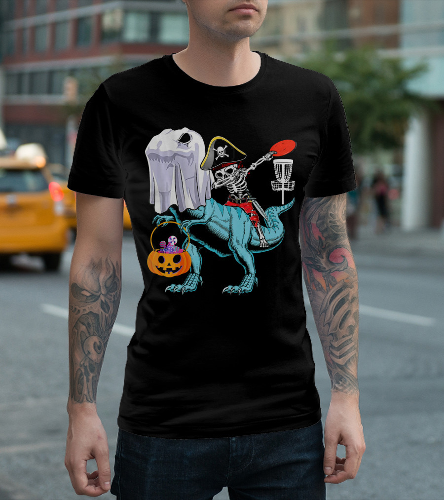 Dab Jolly Roger Skeleton Pirate on Dinosaur with Ghost Pumpkin and Frisbee T-Shirt