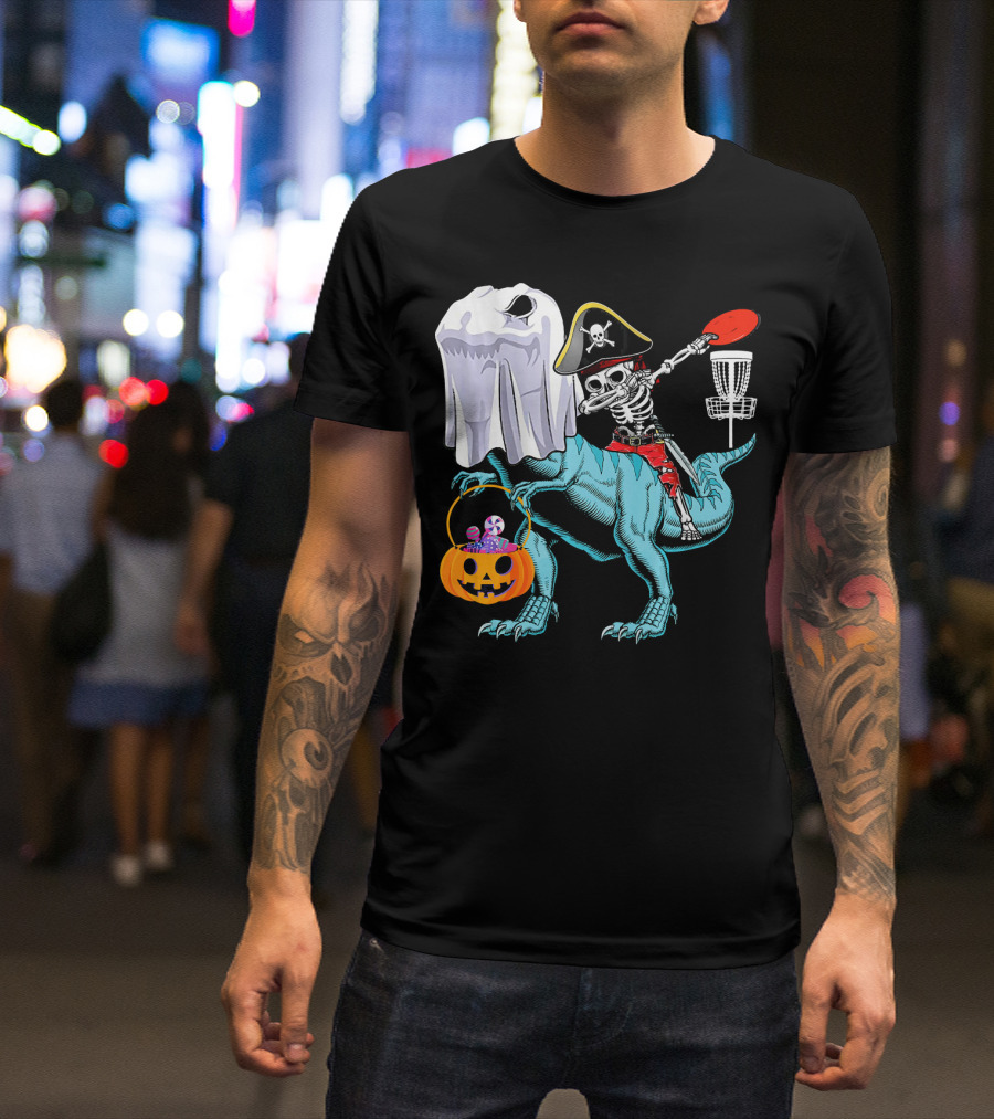 Dab Jolly Roger Skeleton Pirate On Dinosaur With Ghost Pumpkin And Frisbee T-Shirt