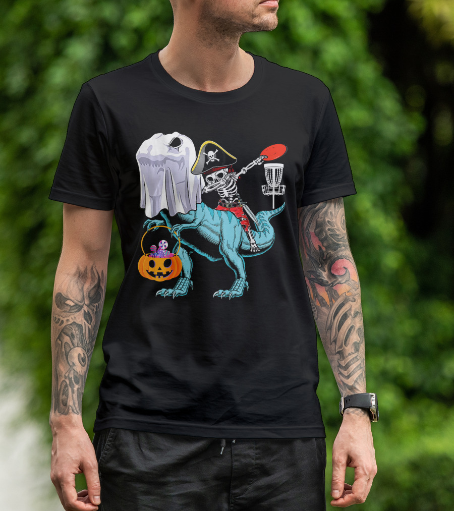 Dab Jolly Roger Skeleton Pirate On Dinosaur With Ghost Pumpkin And Frisbee T-Shirt