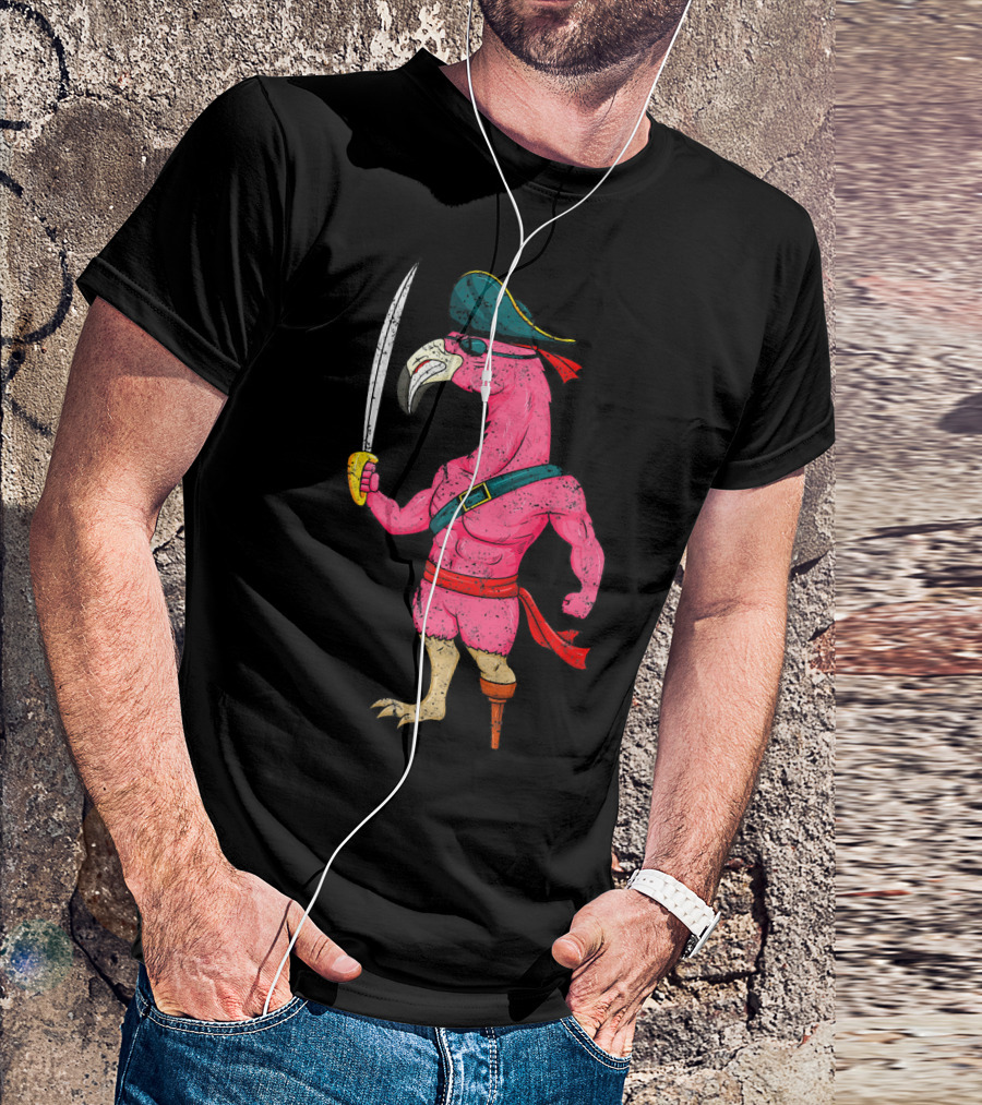 Vintage Pirate Pink Flamingo With Pirate Hat And Wooden Leg Sword T-Shirt