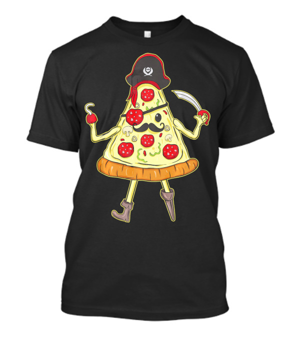 Funny Mustache Pirate Pizza Slice With Hook And Sword T-Shirt