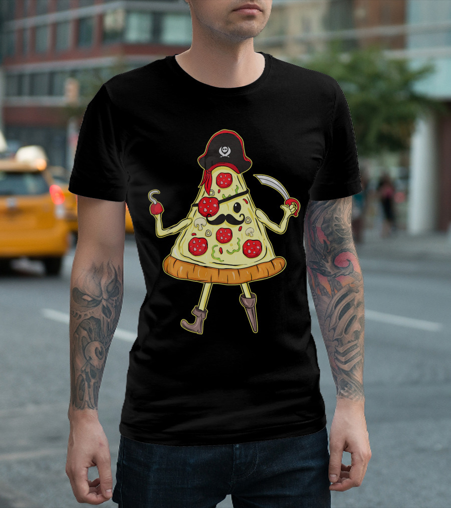 Funny Mustache Pirate Pizza Slice With Hook And Sword T-Shirt
