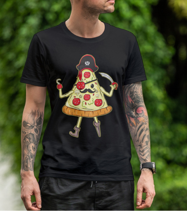 Funny Mustache Pirate Pizza Slice With Hook And Sword T-Shirt