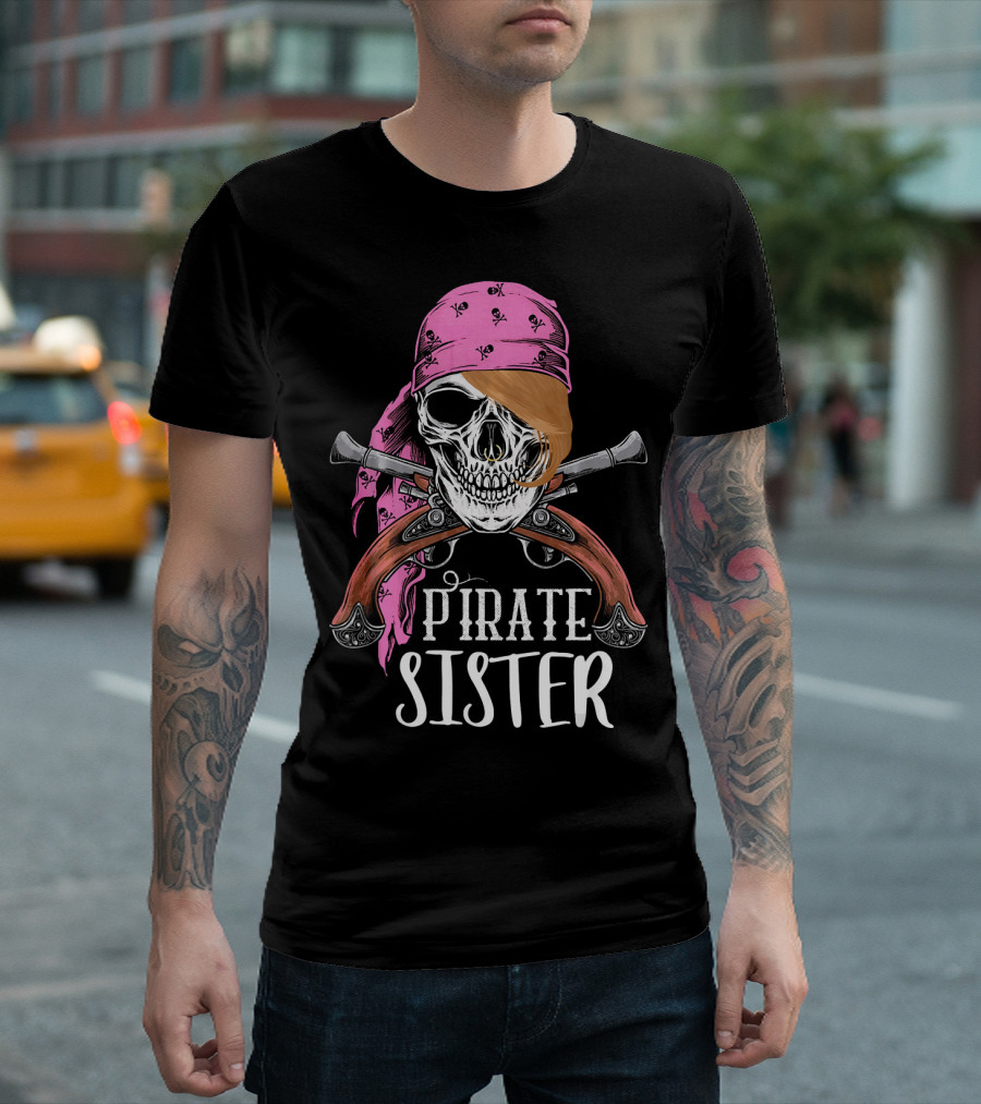 Pirate Sister Skull with Pink Bandana and Crossed Pistols T-Shirt