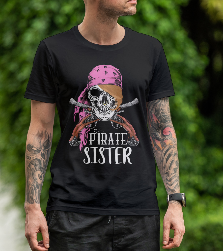 Pirate Sister Skull With Pink Bandana And Crossed Pistols T-Shirt