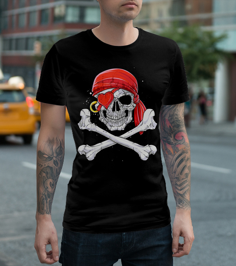 Valentines Day Pirate Skull with Red Bandana and Heart Eye Patch for Him T-Shirt