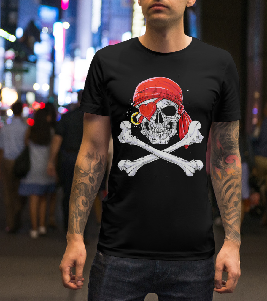 Valentines Day Pirate Skull With Red Bandana And Heart Eye Patch For Him T-Shirt