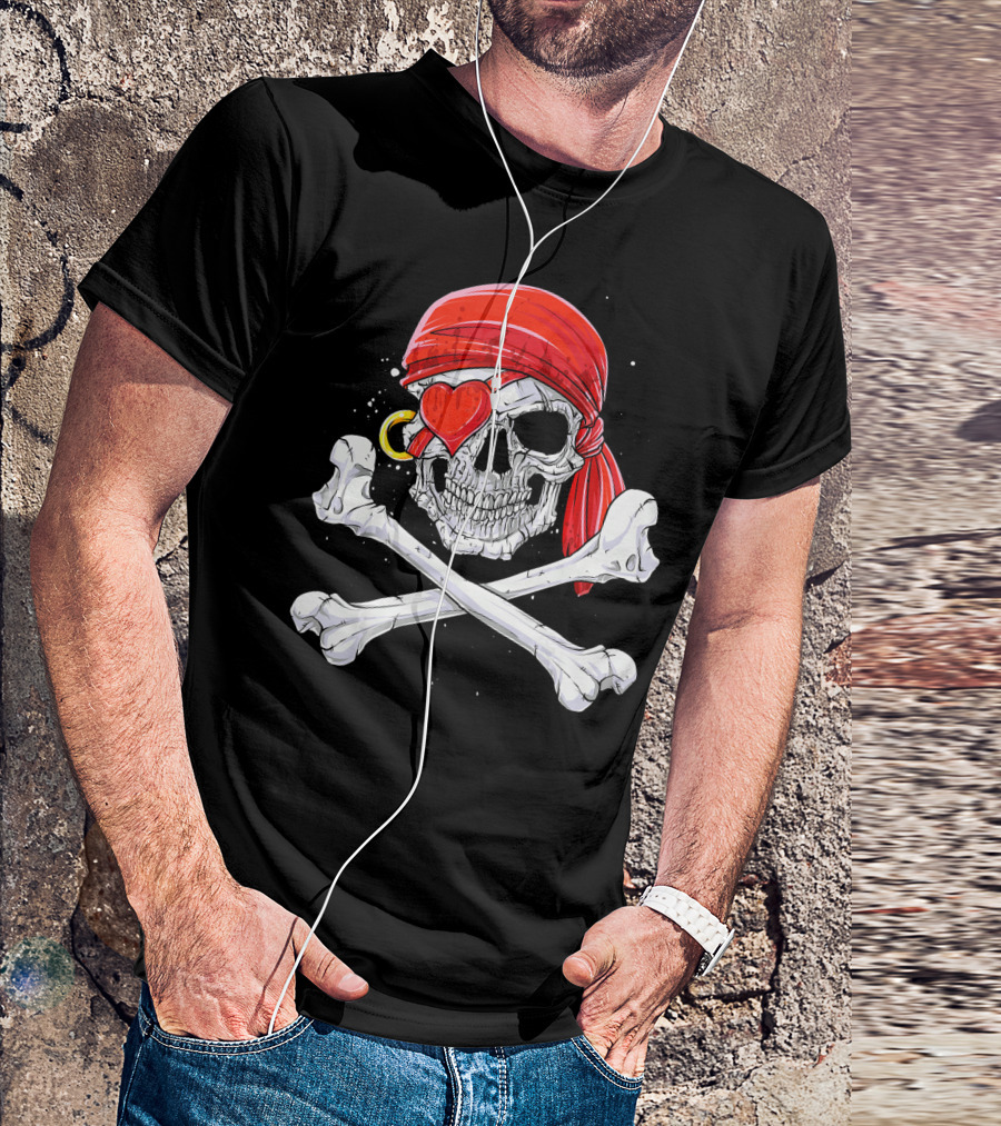 Valentines Day Pirate Skull With Red Bandana And Heart Eye Patch For Him T-Shirt