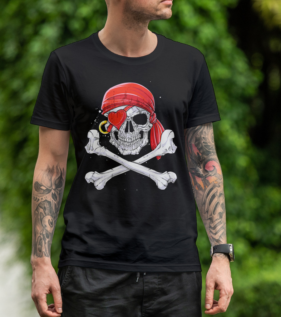 Valentines Day Pirate Skull With Red Bandana And Heart Eye Patch For Him T-Shirt