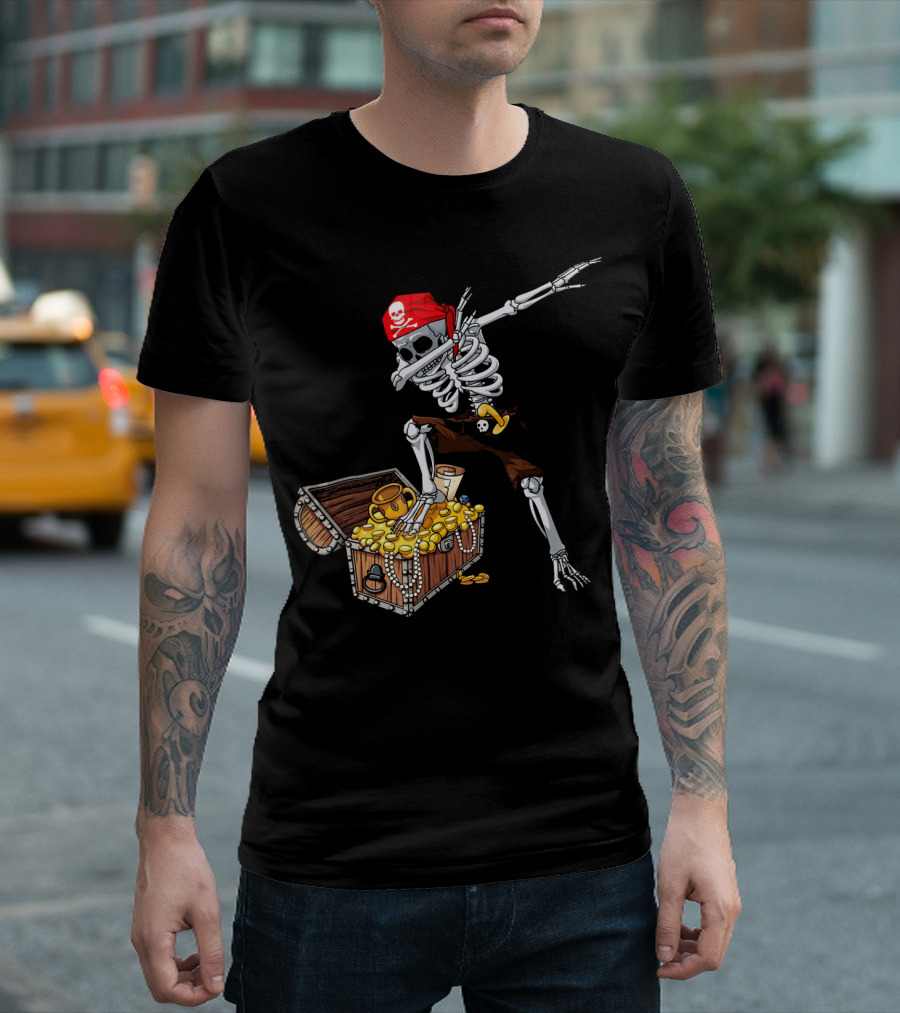 Dabbing Pirate Skeleton with Treasure Chest and Red Skull Bandana T-Shirt