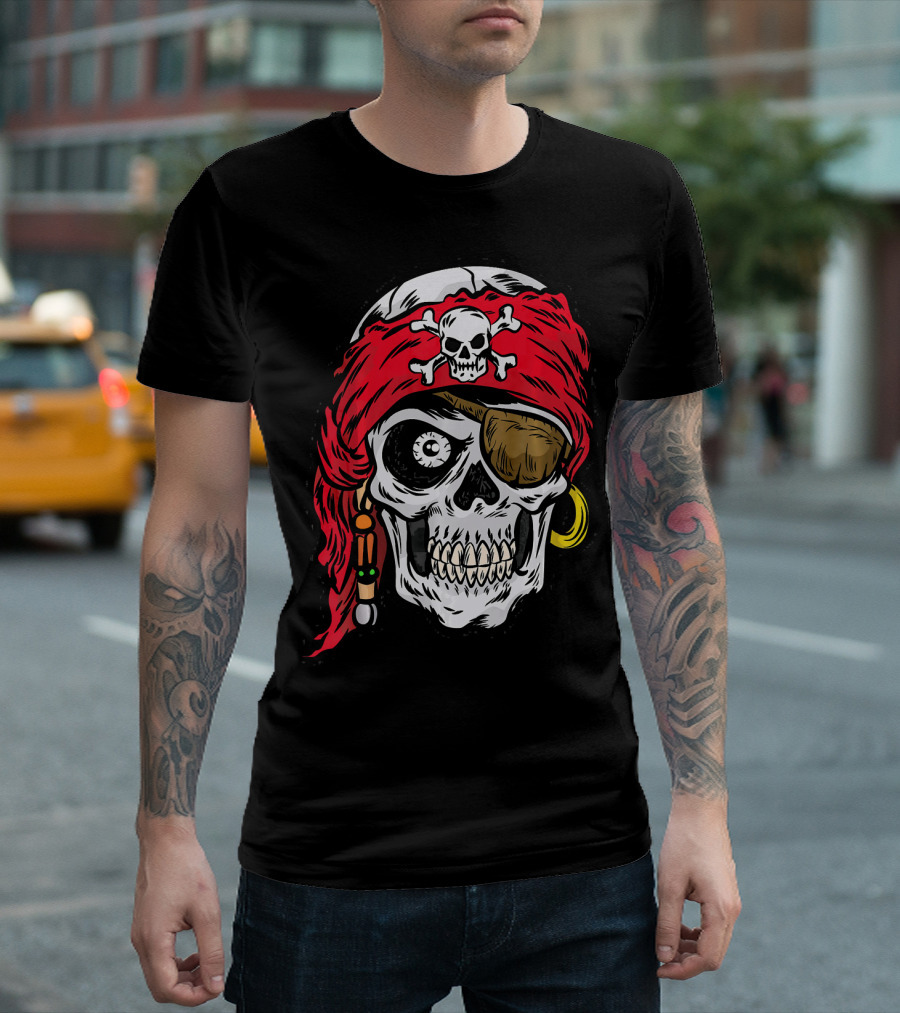 Pirate Skull with Red Bandana and Crossbones Eye Patch Jolly Roger T-Shirt