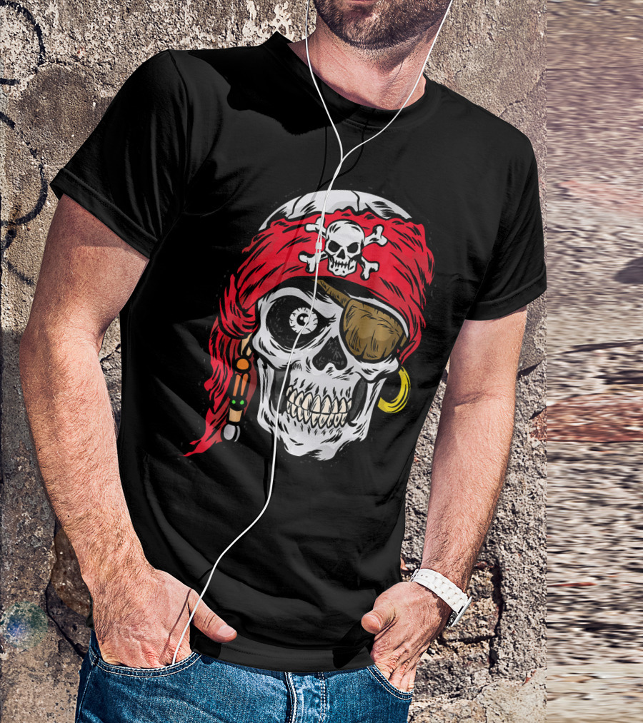 Pirate Skull With Red Bandana And Crossbones Eye Patch Jolly Roger T-Shirt