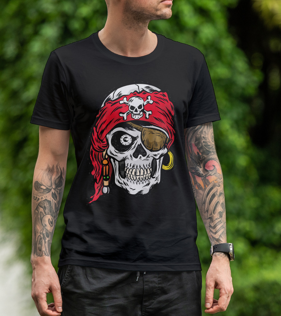 Pirate Skull With Red Bandana And Crossbones Eye Patch Jolly Roger T-Shirt