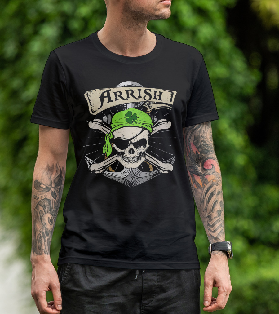 Arrish Irish Pirate Skull With Shamrock Bandana St Patricks T-Shirt