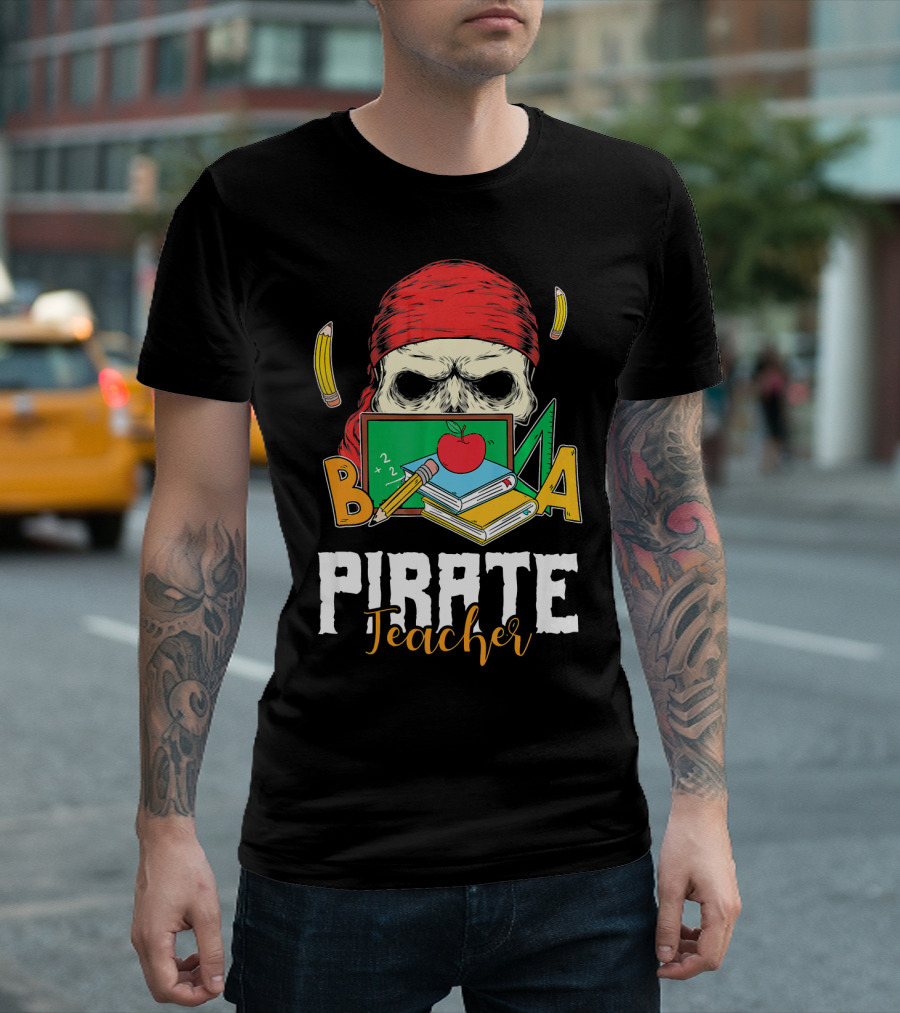 Pirate Teacher Skull Chalkboard Apple Pencils Books Bandana T-Shirt