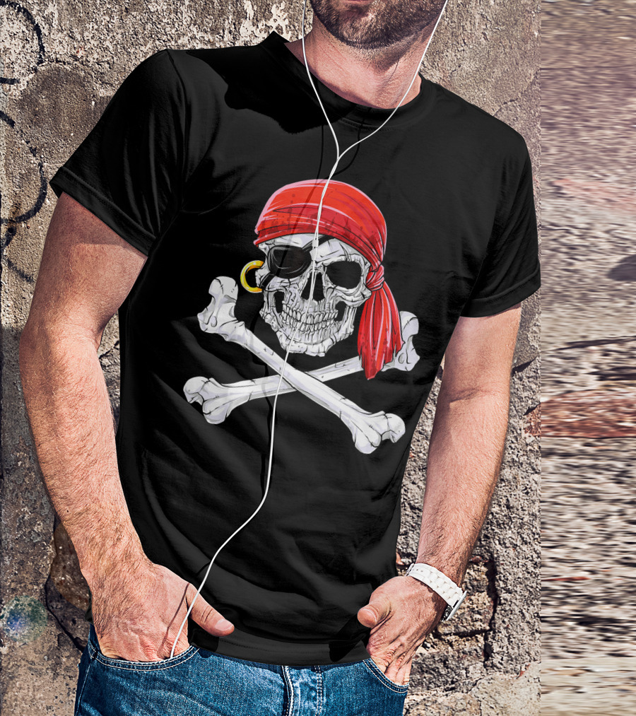 Jolly Roger Flag Skull And Crossbones With Red Bandana And Eyepatch T-Shirt