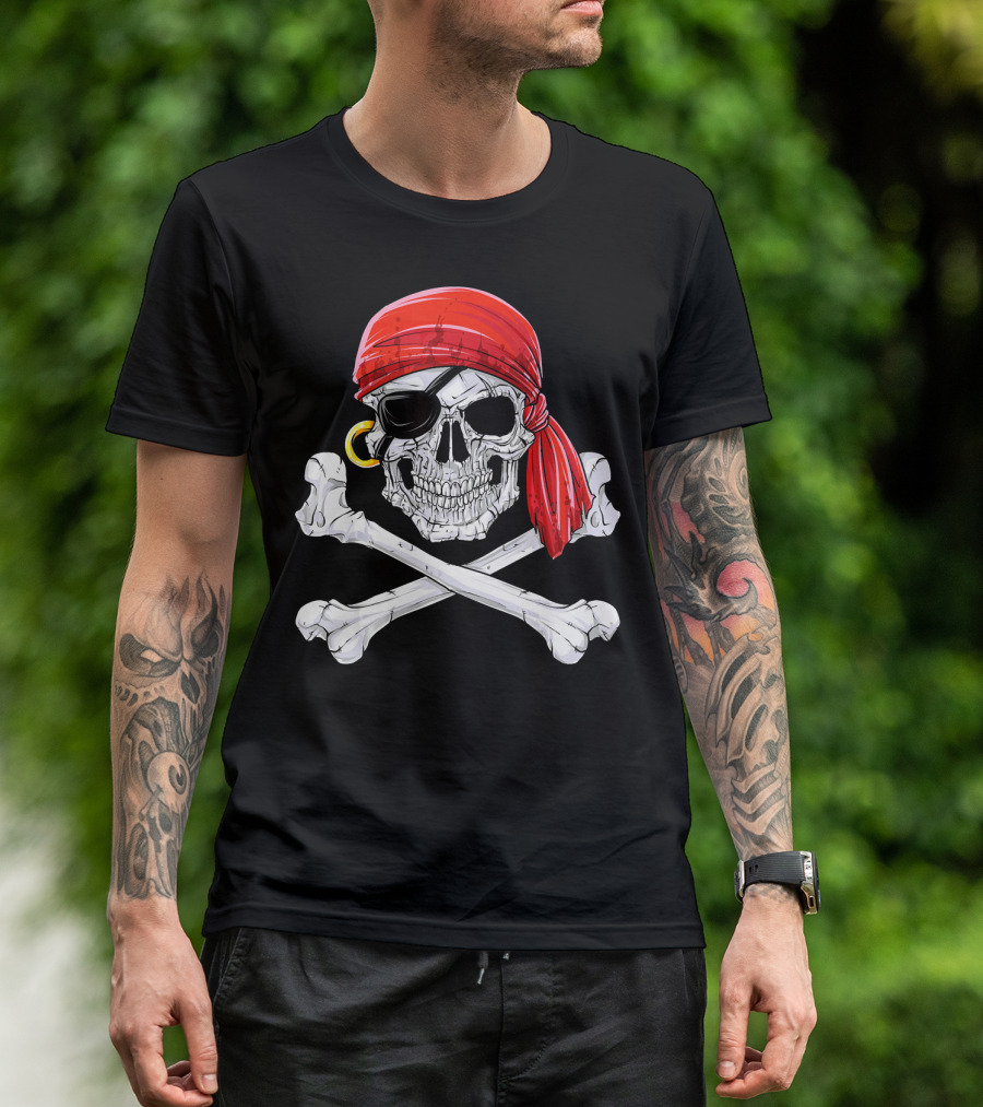 Jolly Roger Flag Skull And Crossbones With Red Bandana And Eyepatch T-Shirt