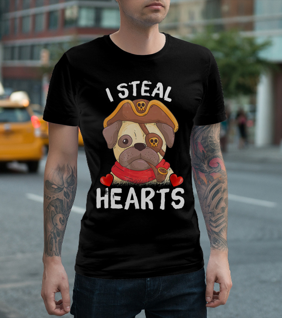 I Steal Hearts Valentines Day Pirate Pug With Pipe And Eyepatch T-Shirt