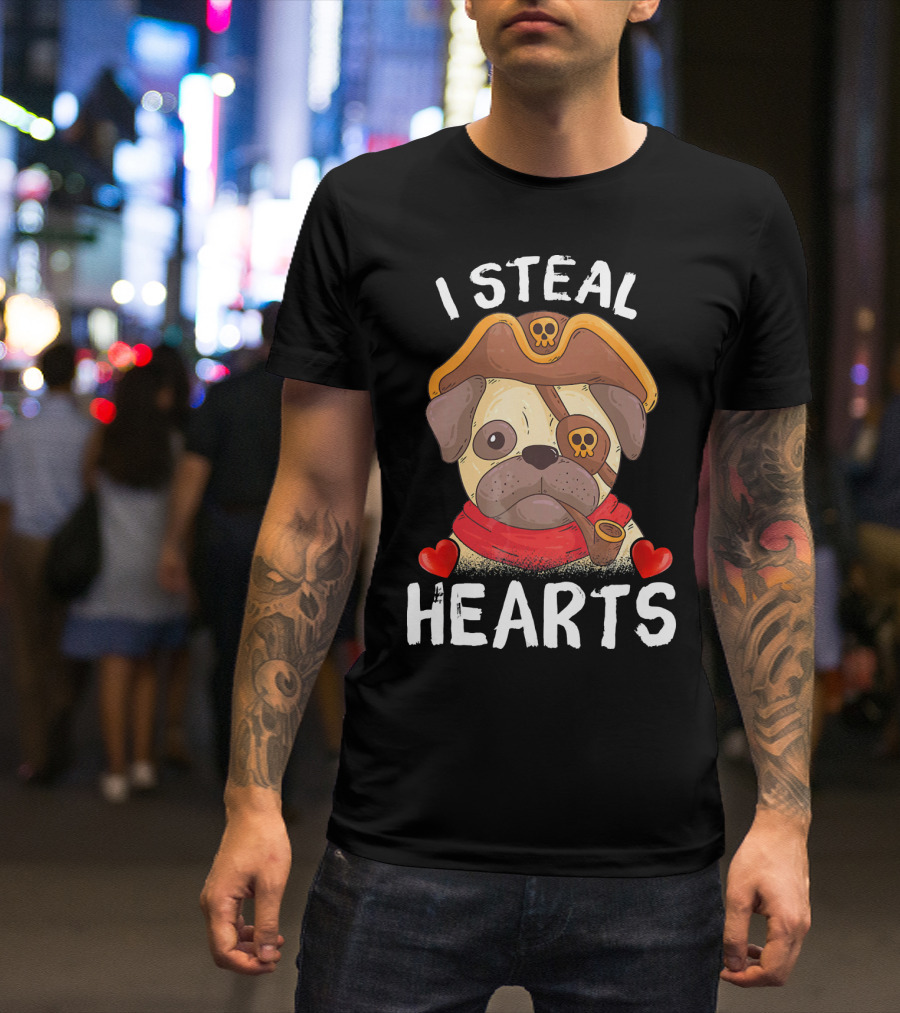 I Steal Hearts Valentines Day Pirate Pug With Pipe And Eyepatch T-Shirt