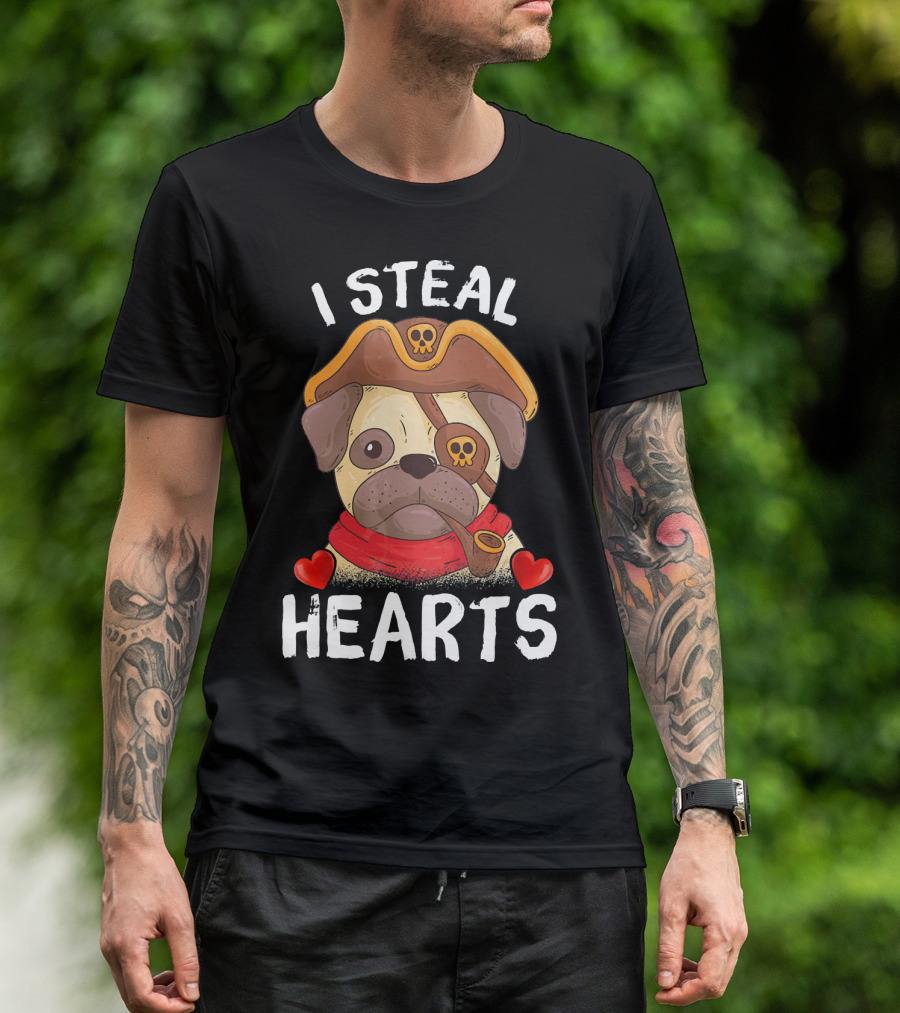 I Steal Hearts Valentines Day Pirate Pug With Pipe And Eyepatch T-Shirt