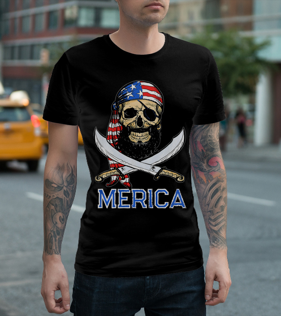 MERICA Bearded Pirate Skull With American Flag Bandana And Crossed Swords T-Shirt