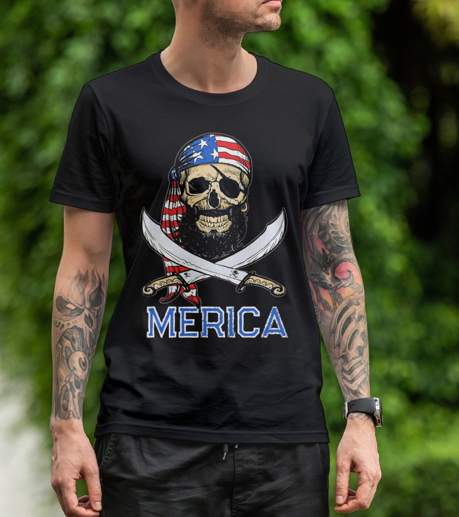 MERICA Bearded Pirate Skull With American Flag Bandana And Crossed Swords T-Shirt