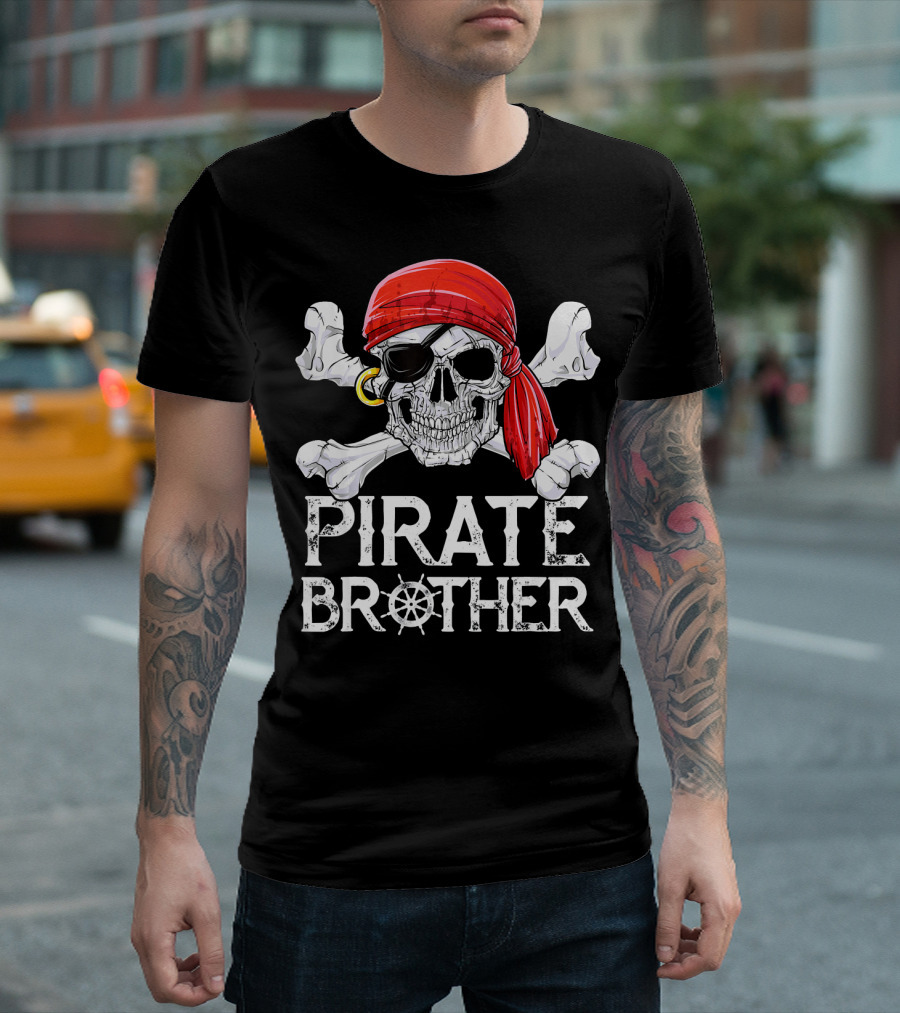 Pirate Brother Skull with Eyepatch and Red Bandana Jolly Roger Flag T-Shirt