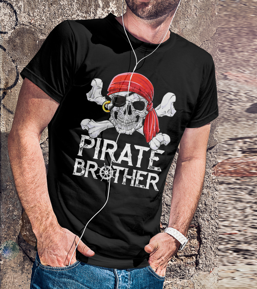 Pirate Brother Skull With Eyepatch And Red Bandana Jolly Roger Flag T-Shirt