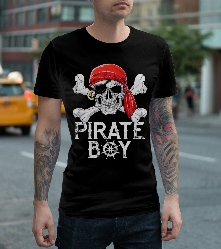 Pirate Boy Jolly Roger Skull With Red Bandana And Crossbones T-Shirt
