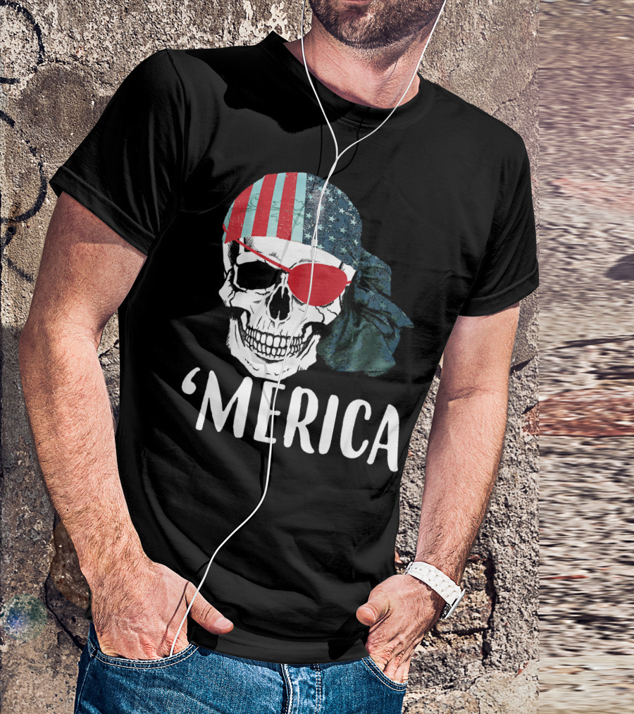 Merica Pirate Skull Flag July 4th Independence T-Shirt