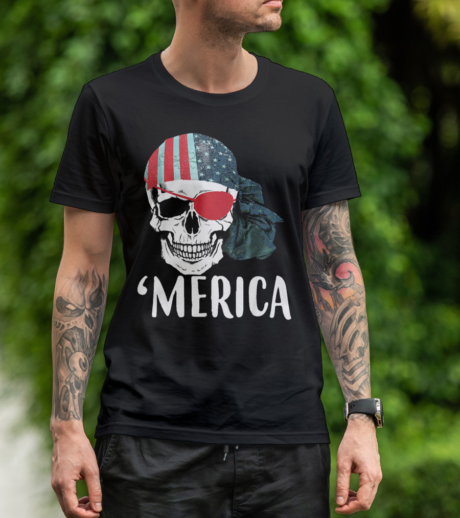 Merica Pirate Skull Flag July 4th Independence T-Shirt