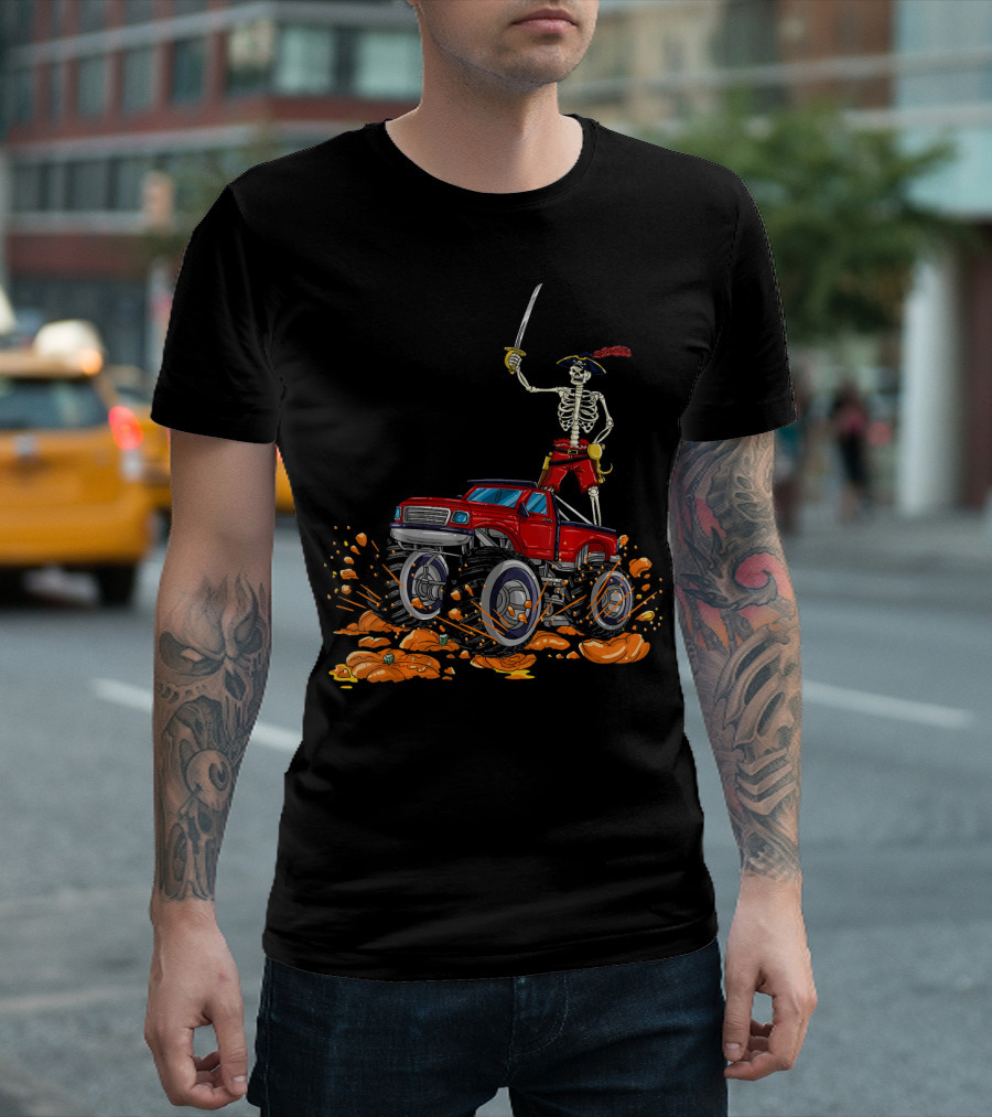 Halloween Skeleton Pirate Riding Monster Truck Over Pumpkins T-Shirt